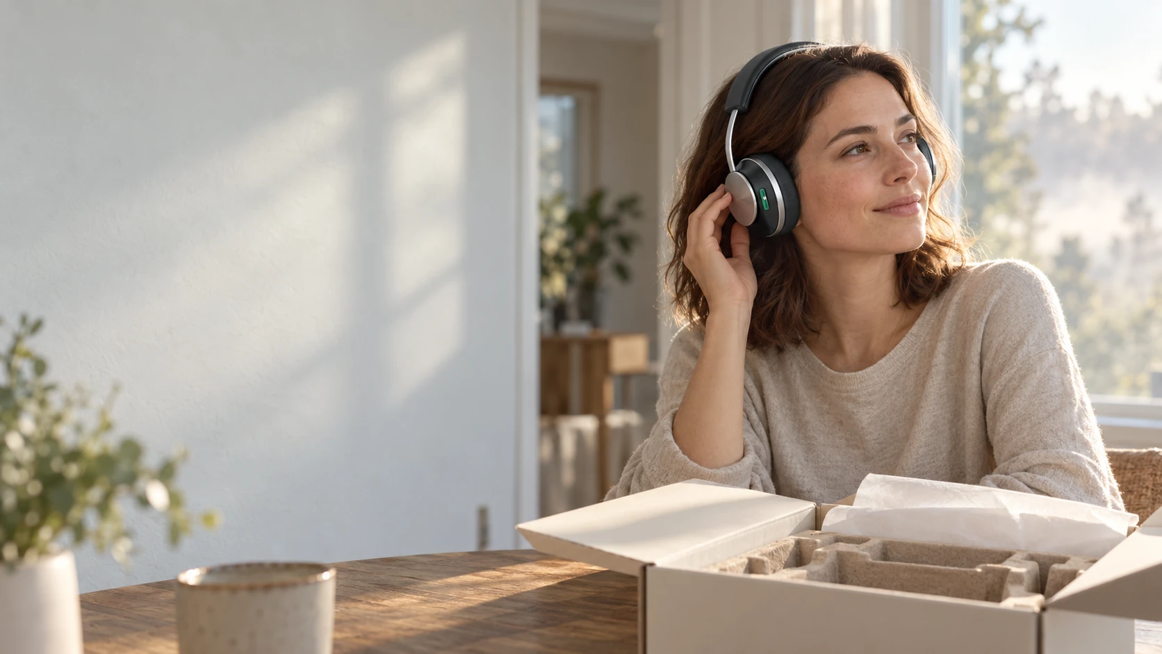 A woman enjoying headphones in a sunlit room